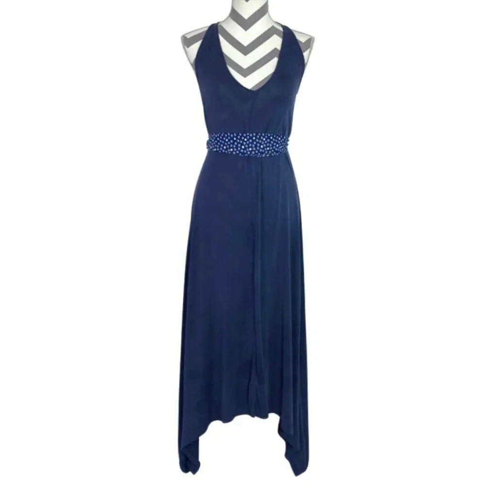 Lucky Brand Long Dress Womens Size XS Deep V Neck Tie Waist Blue Sleeveless